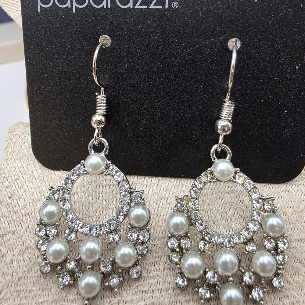 Paparazzi Silver and Pearl Chandelier Earrings (1016)